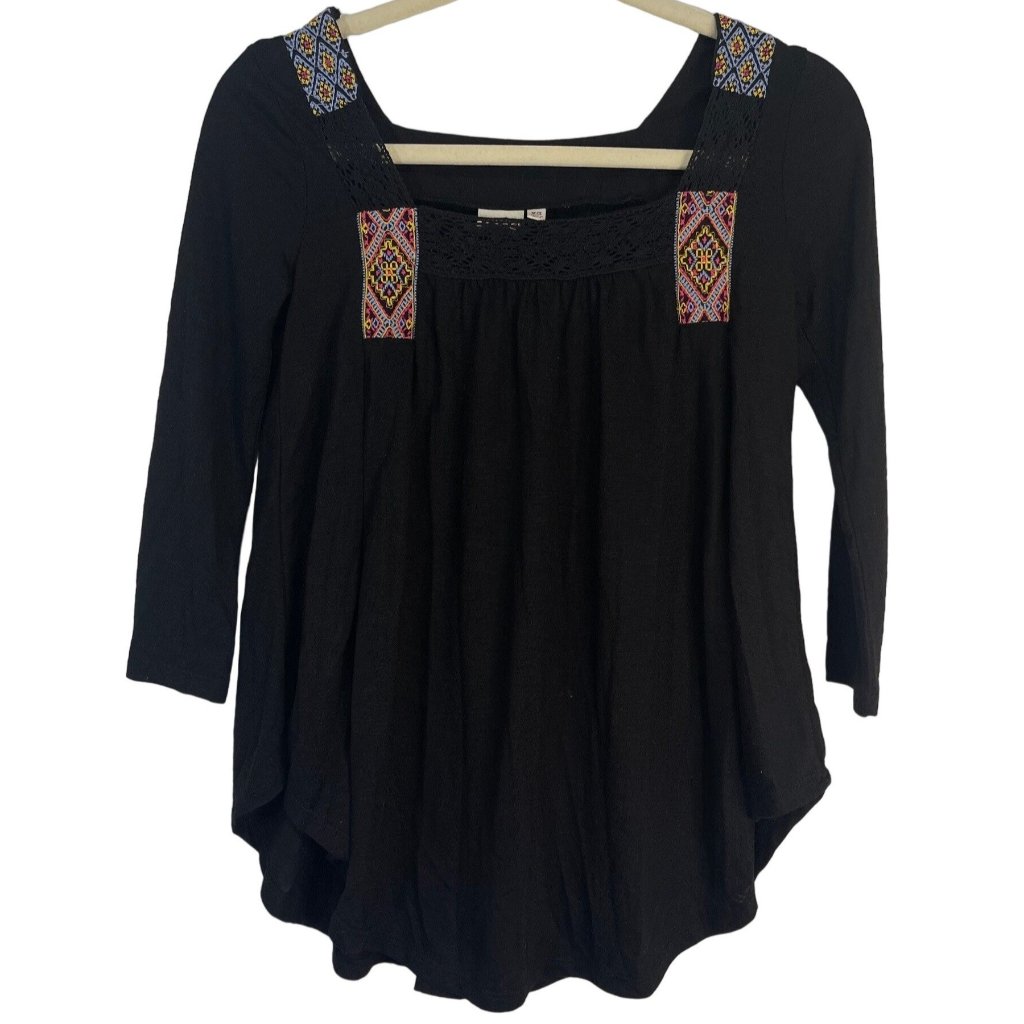 Mudd 3/4 Sleeve Shirt Lace Flowy South Western Design Polyester Black Xs Armpit